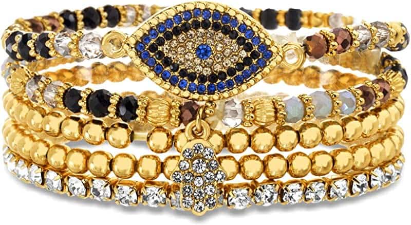 Kensie Yellow Gold-Toned Set of 5 Rhinestone Beaded Evil Eye Hamsa Bracelets