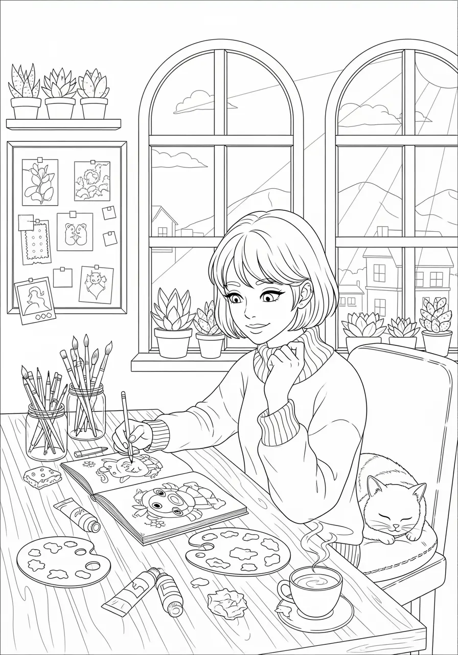 Anime Artist Studio Coloring Page