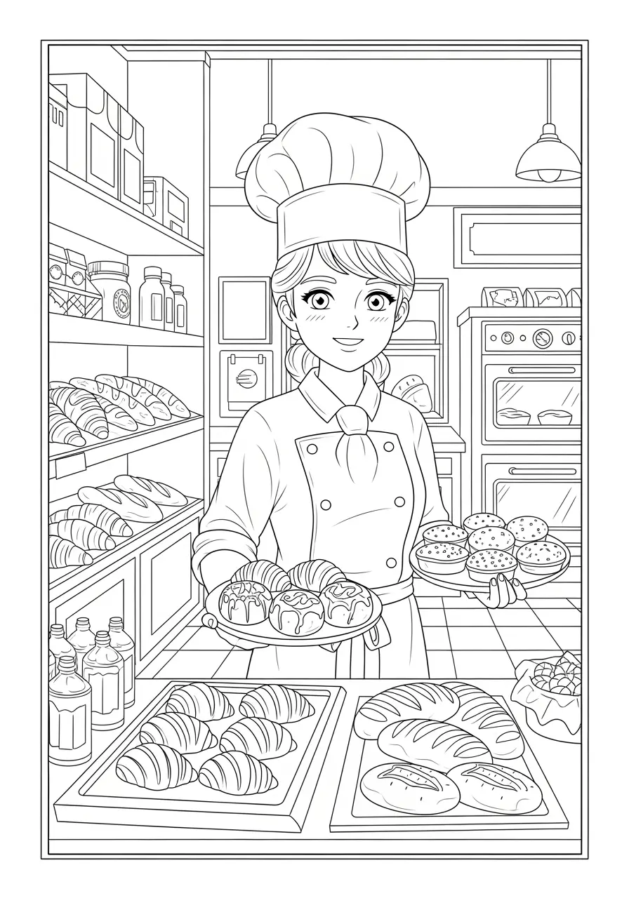 Anime Bakery Morning Coloring Page