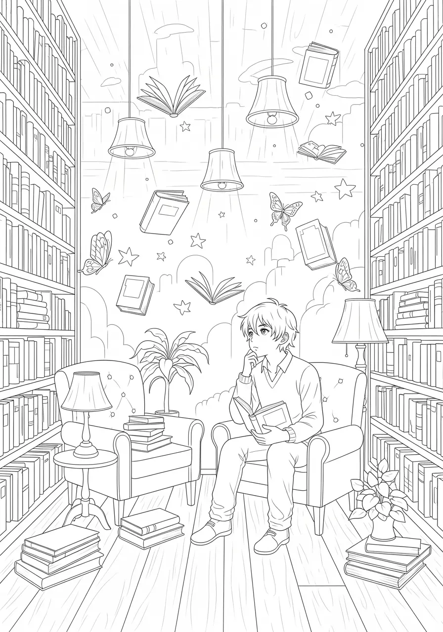 Anime Bookstore Adventure Coloring Page