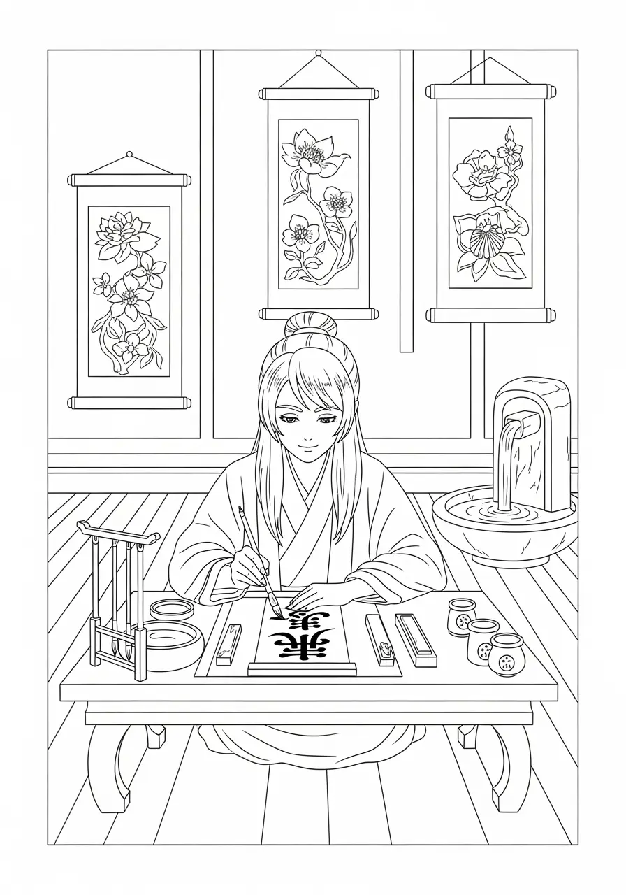 Anime Calligraphy Practice Coloring Page