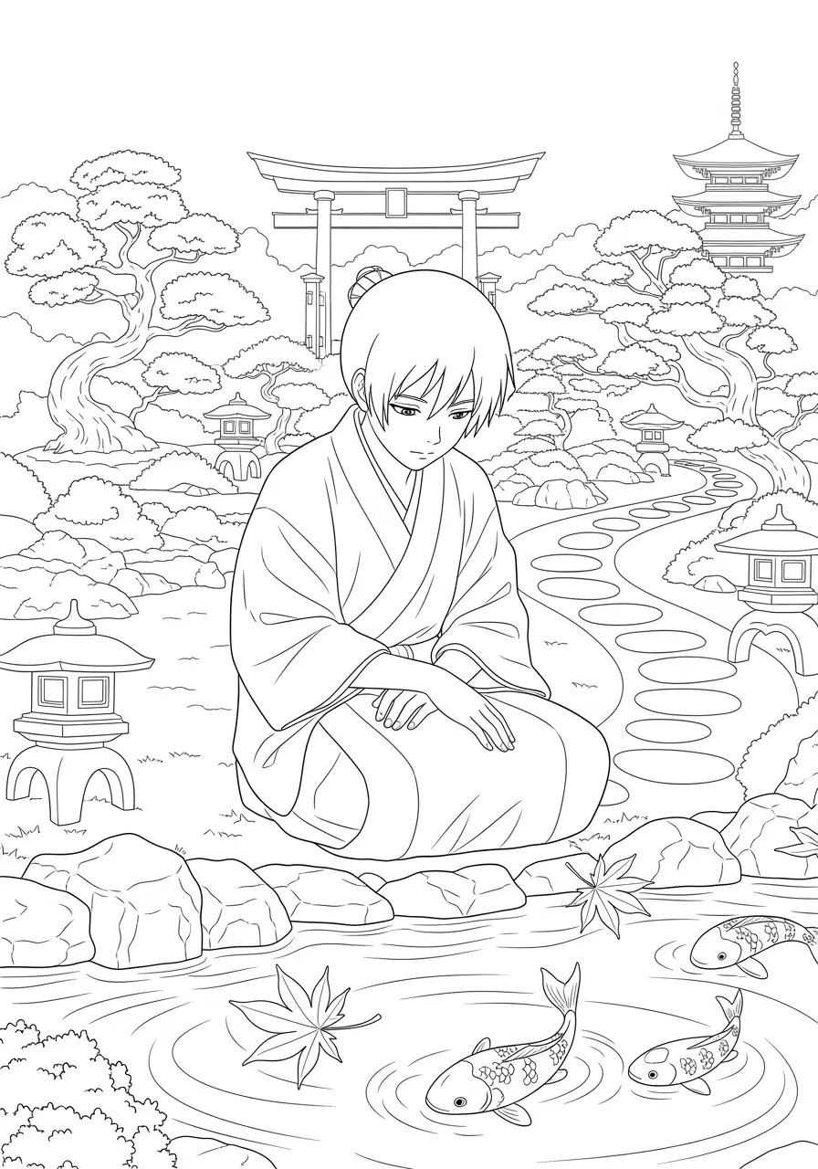 Anime Garden Meditation Coloring Page