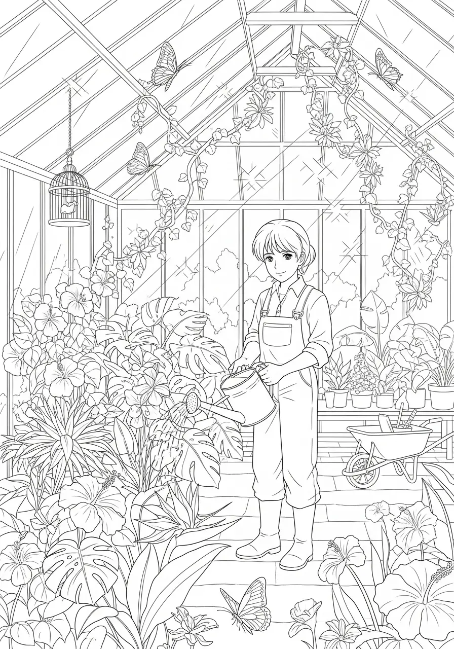 Anime Greenhouse Sanctuary Coloring Page
