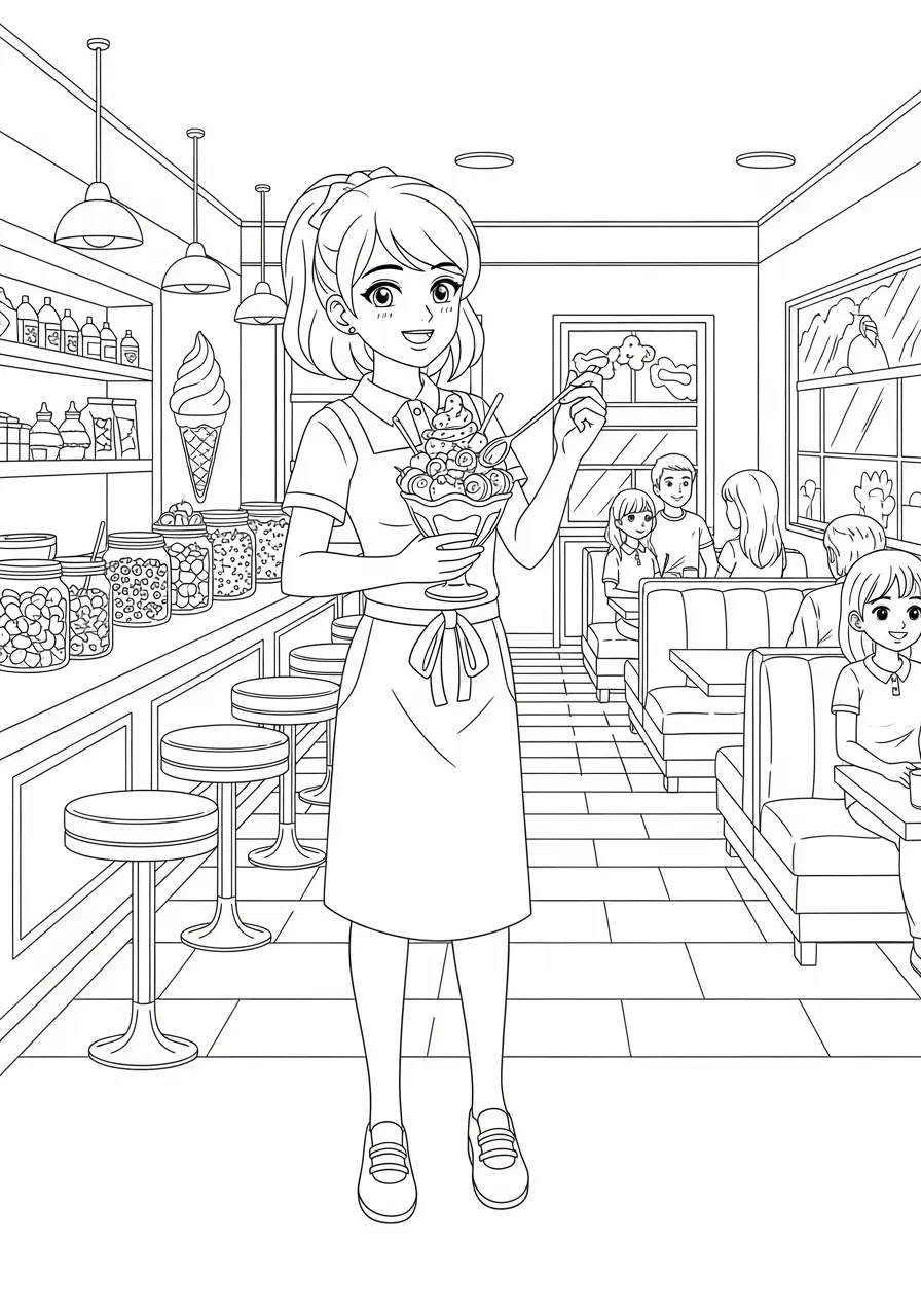 Anime Ice Cream Parlor Coloring Page