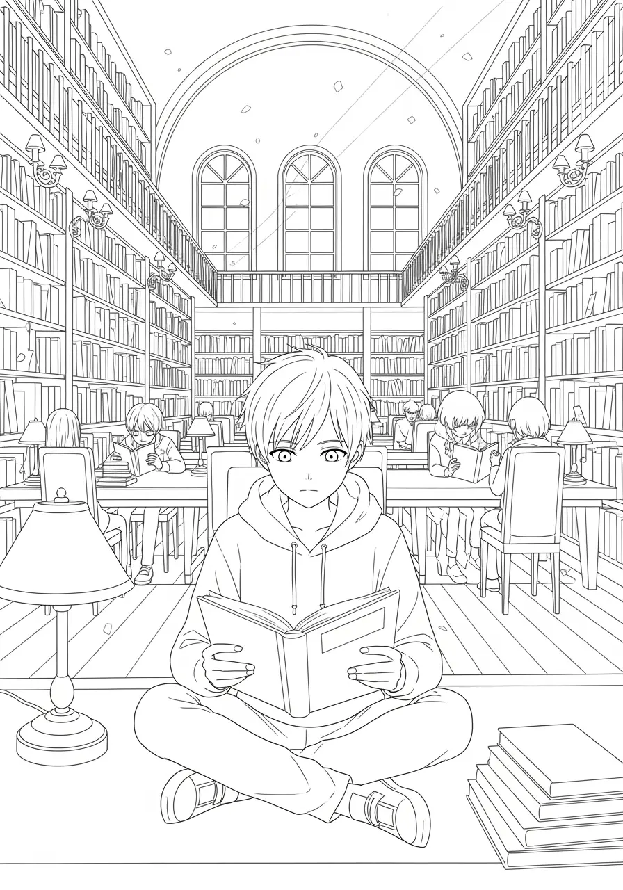 Anime Library Study Session Coloring Page