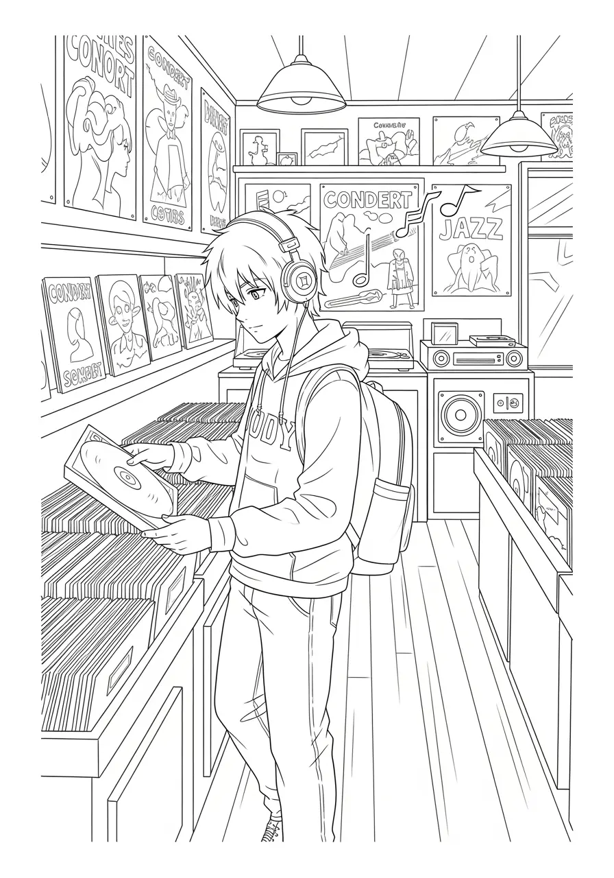 Anime Vintage Record Shop Coloring Page