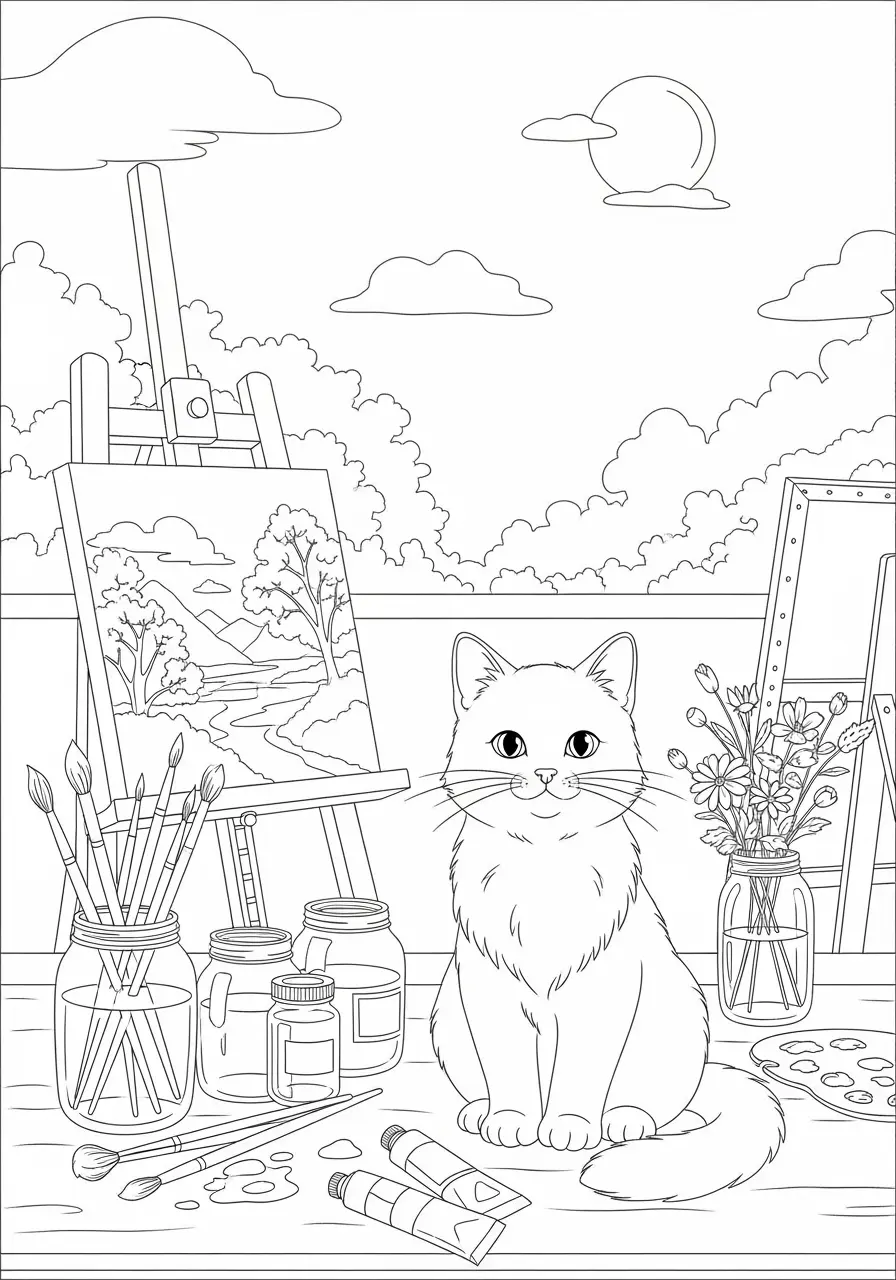 Art Studio Cat Coloring Page For Adults