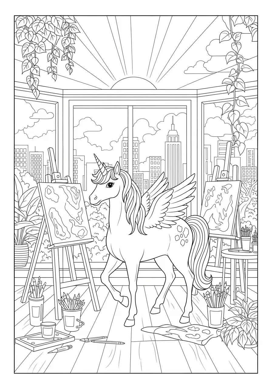Art Studio Unicorn Coloring Page