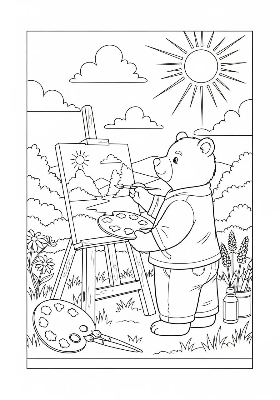 Artist Bear Coloring Page for Adults