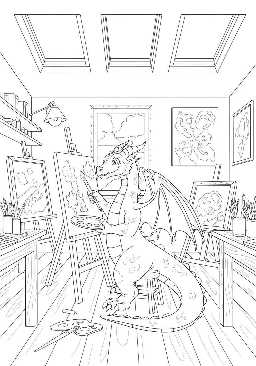 Artist Dragon Coloring Page for Adults