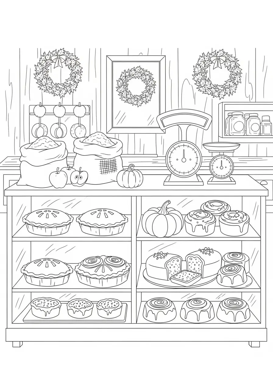 Autumn Bakery Scene Coloring Page