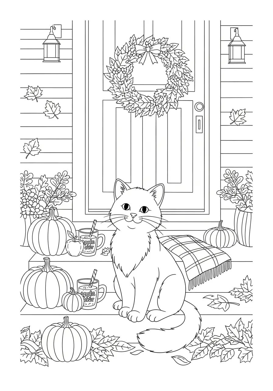 Autumn Cat Coloring Page For Adults