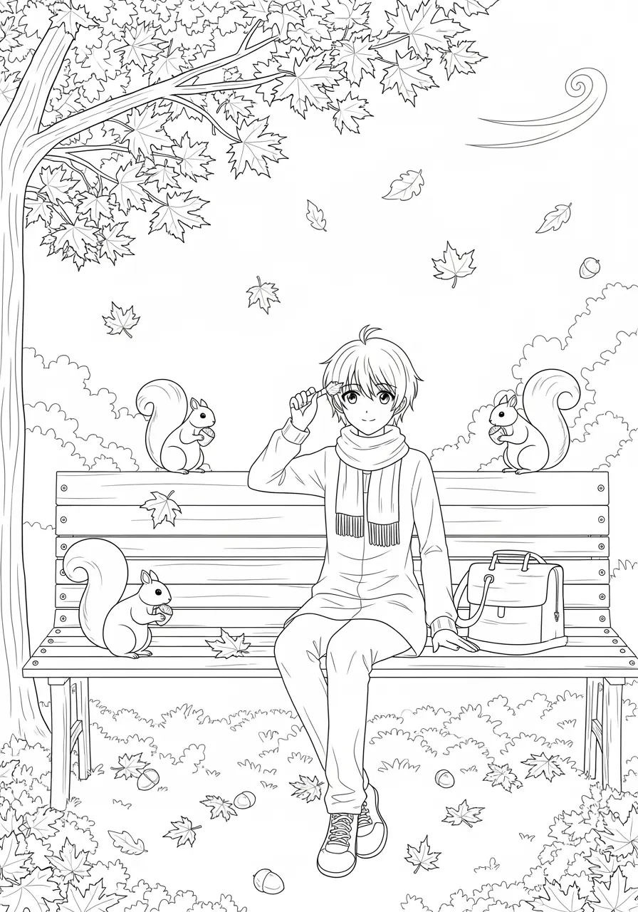 Autumn Park Bench Anime Coloring Page