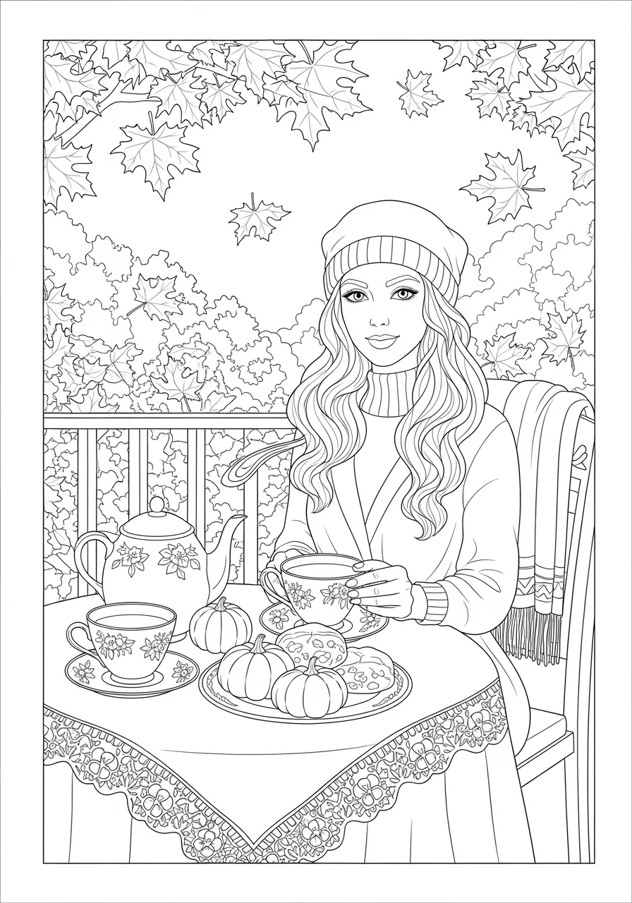 Autumn Tea Time Coloring Page