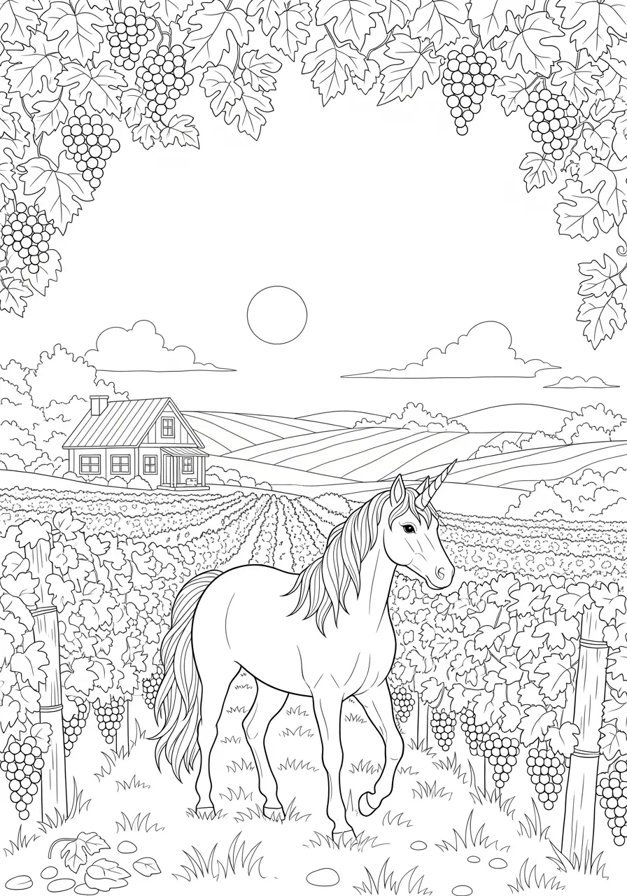 Autumn Vineyard Unicorn Coloring Page