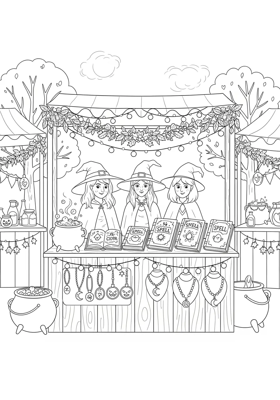 Autumn Witch Market Scary Coloring Page