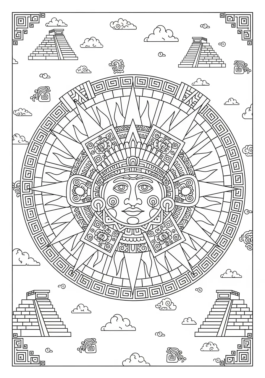 Aztec Sun Pattern Coloring Page for Adults