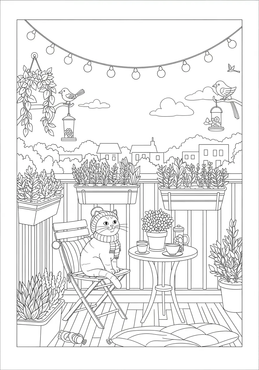 Balcony Garden Cat Coloring Page For Adults