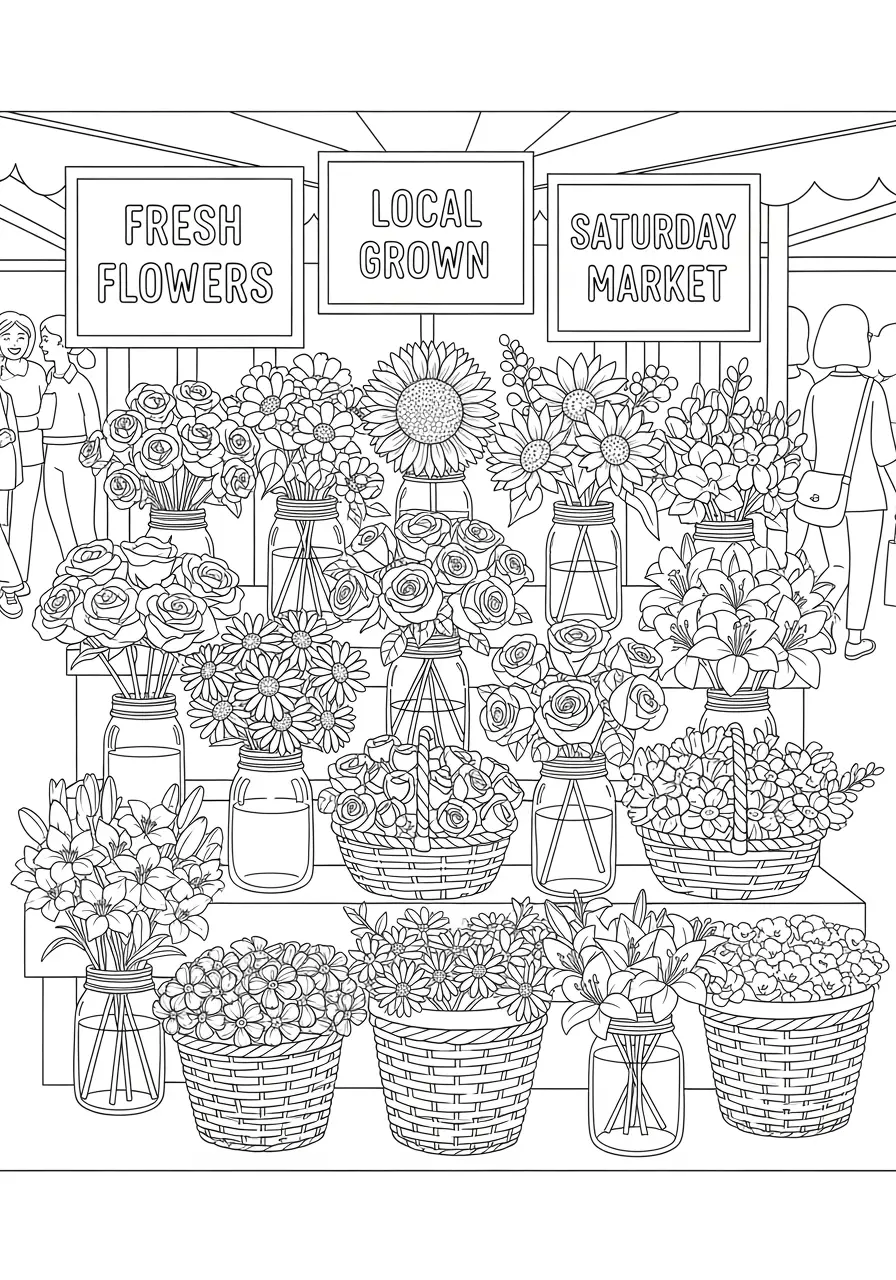 Bauernmarkt-Blumen-Ausmalbild