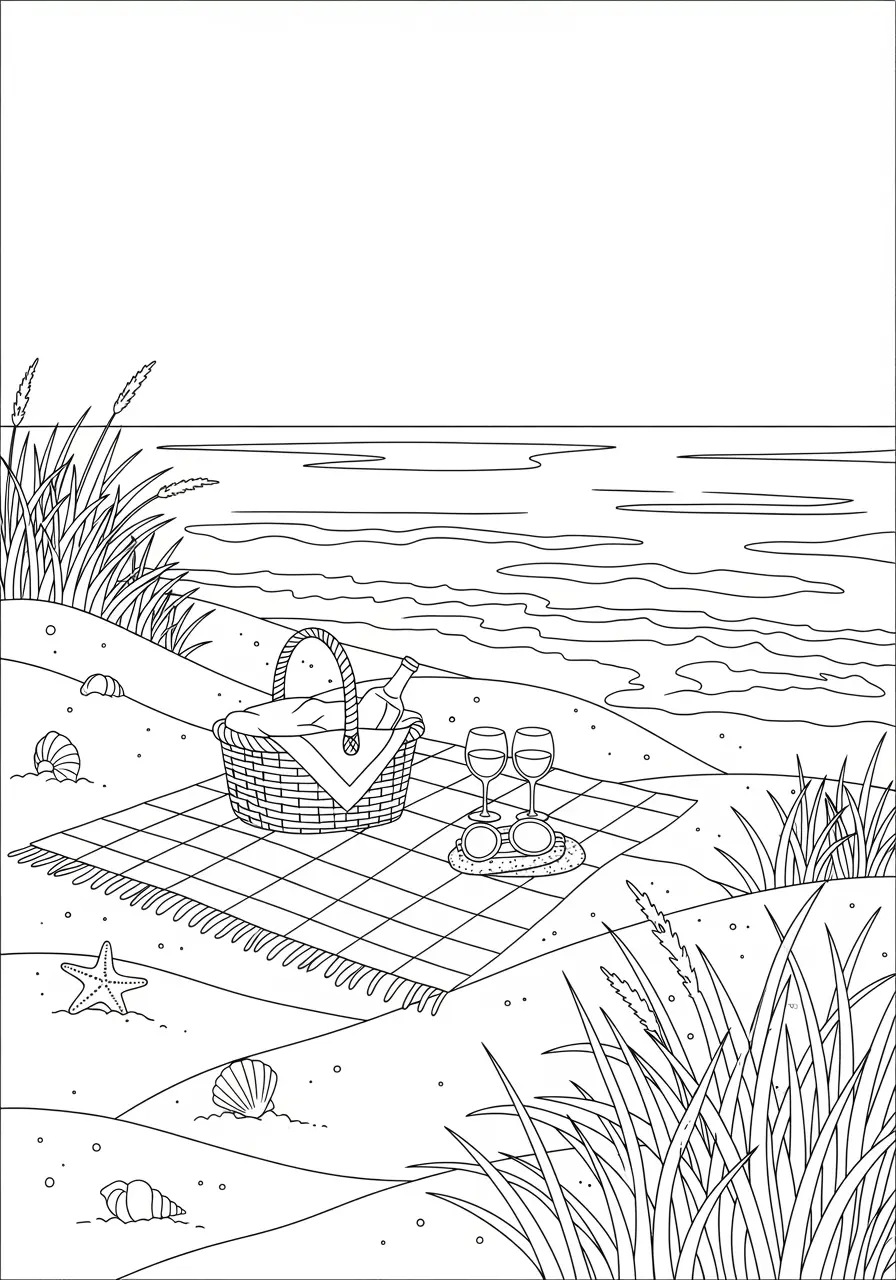 Beach Picnic Ocean Coloring Page