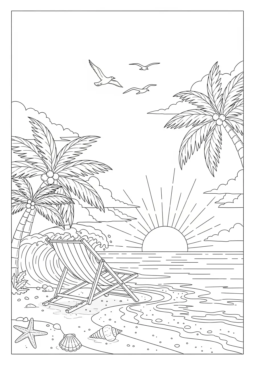 Beach Sunset Calming Coloring Page