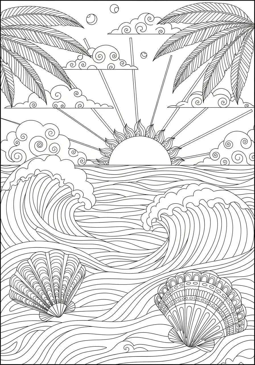 Beach Sunset Doodle Coloring Page