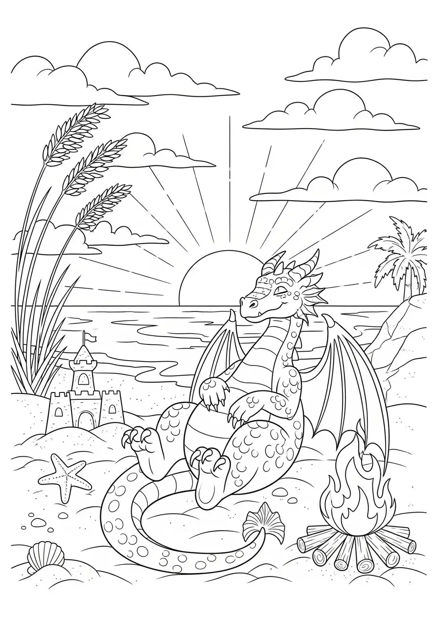 Beach Sunset Dragon Coloring Page