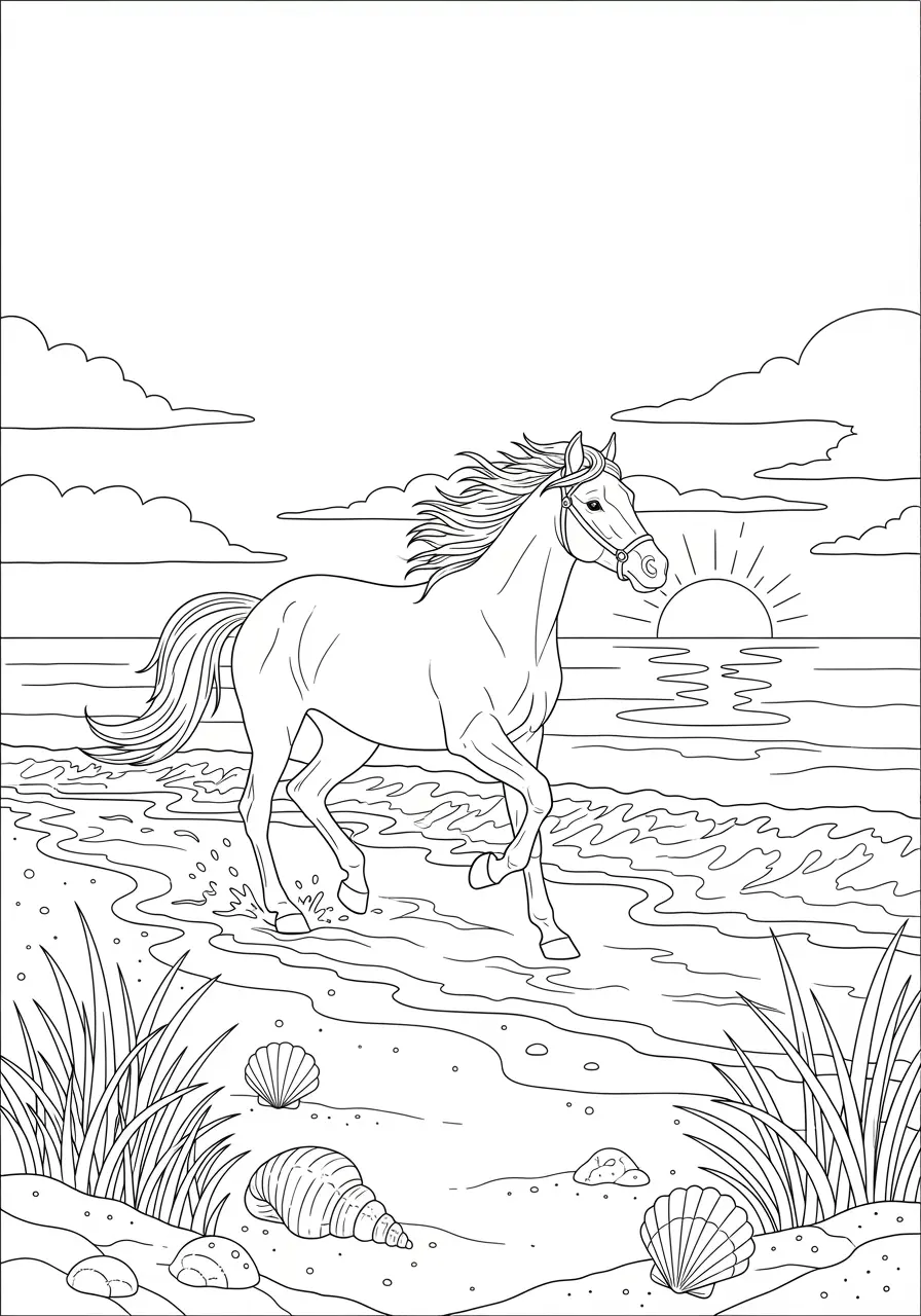 Beach Sunset Horse Coloring Page