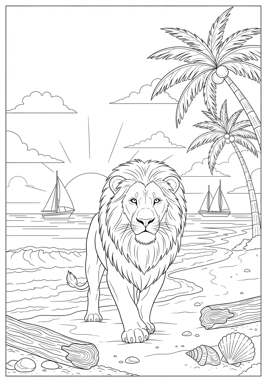 Beach Sunset Lion Coloring Page for Adults