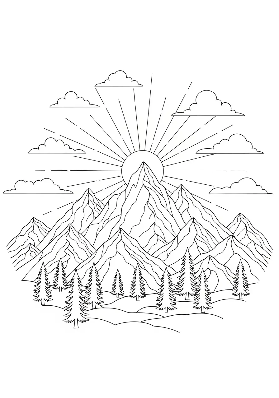 Berg-Sonnenaufgang-Mandala-Ausmalbild