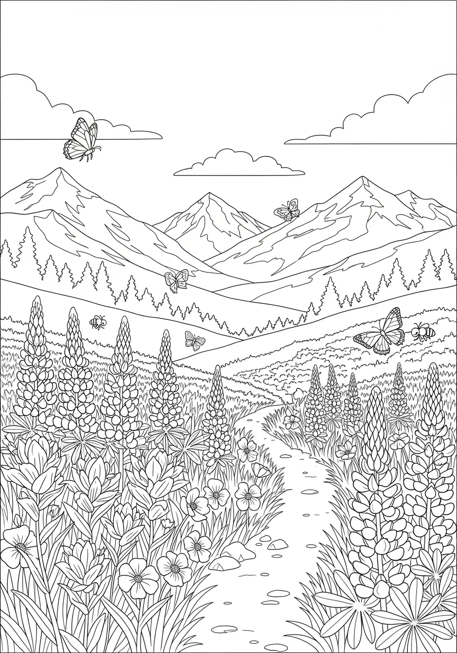 Bergwiesen-Sommer-Ausmalbild