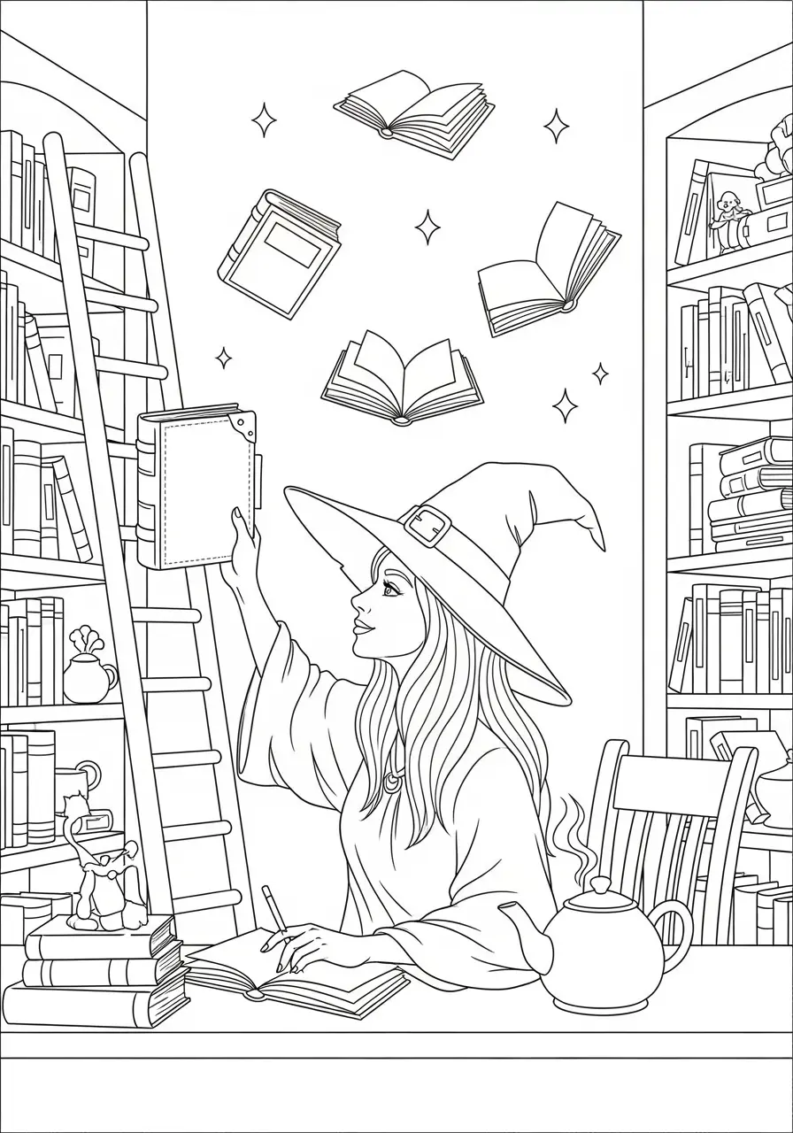 Bookshop Witch Coloring Page