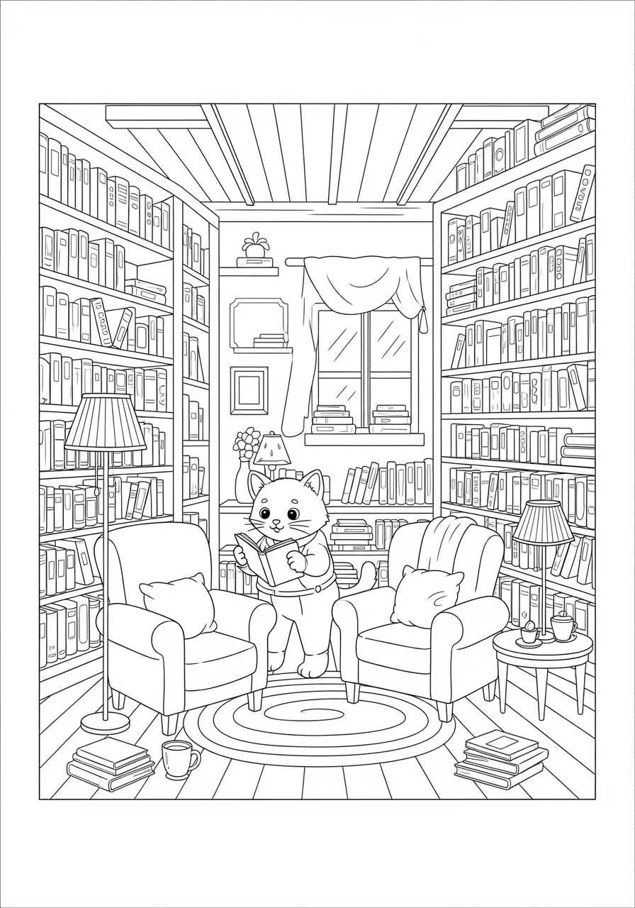 Bookstore Adventure Cartoon Coloring Page
