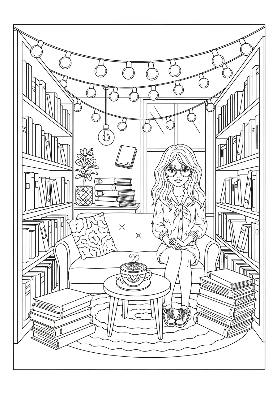 Bookstore Cafe Calming Coloring Page