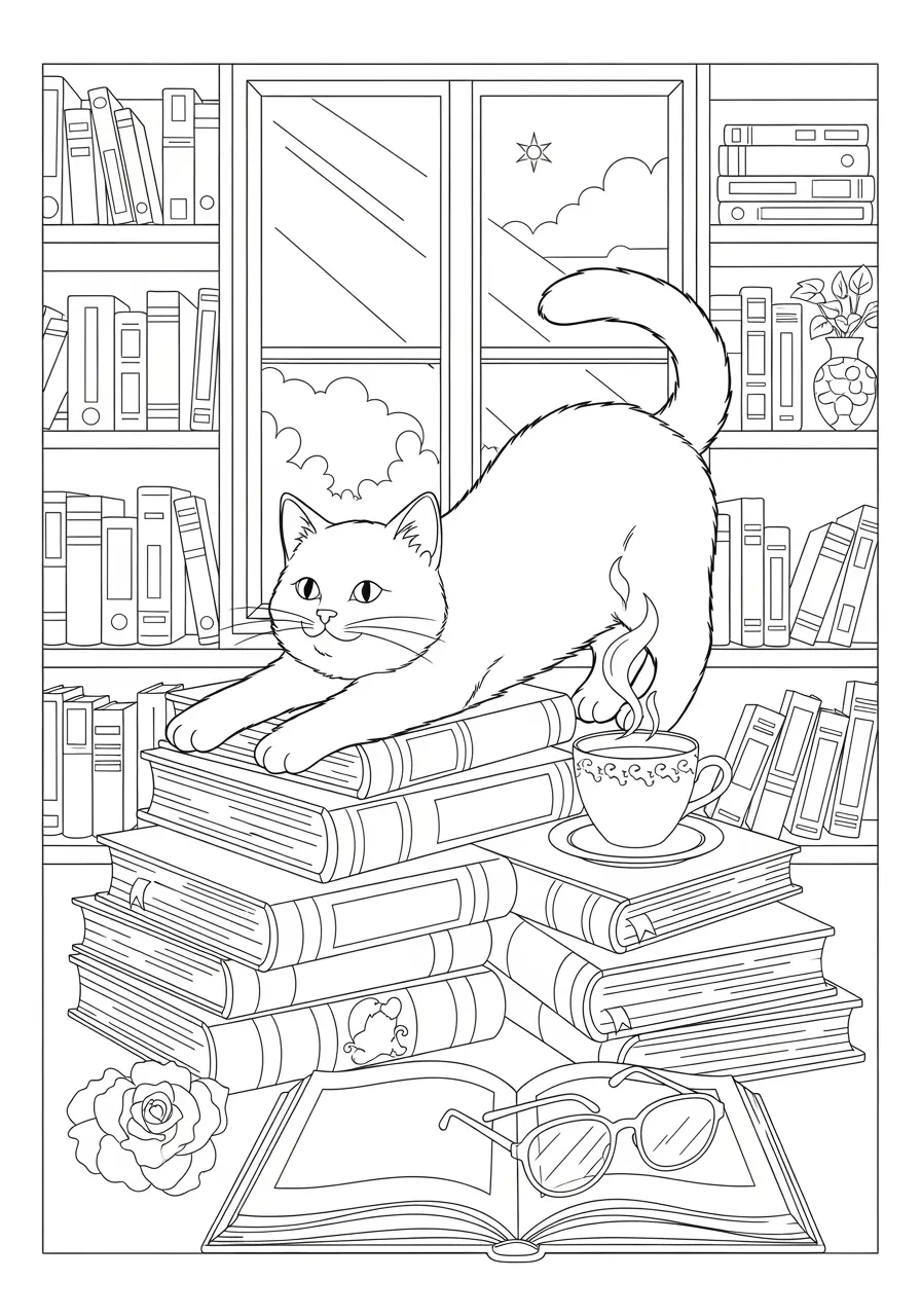 Bookstore Cat Coloring Page For Adults