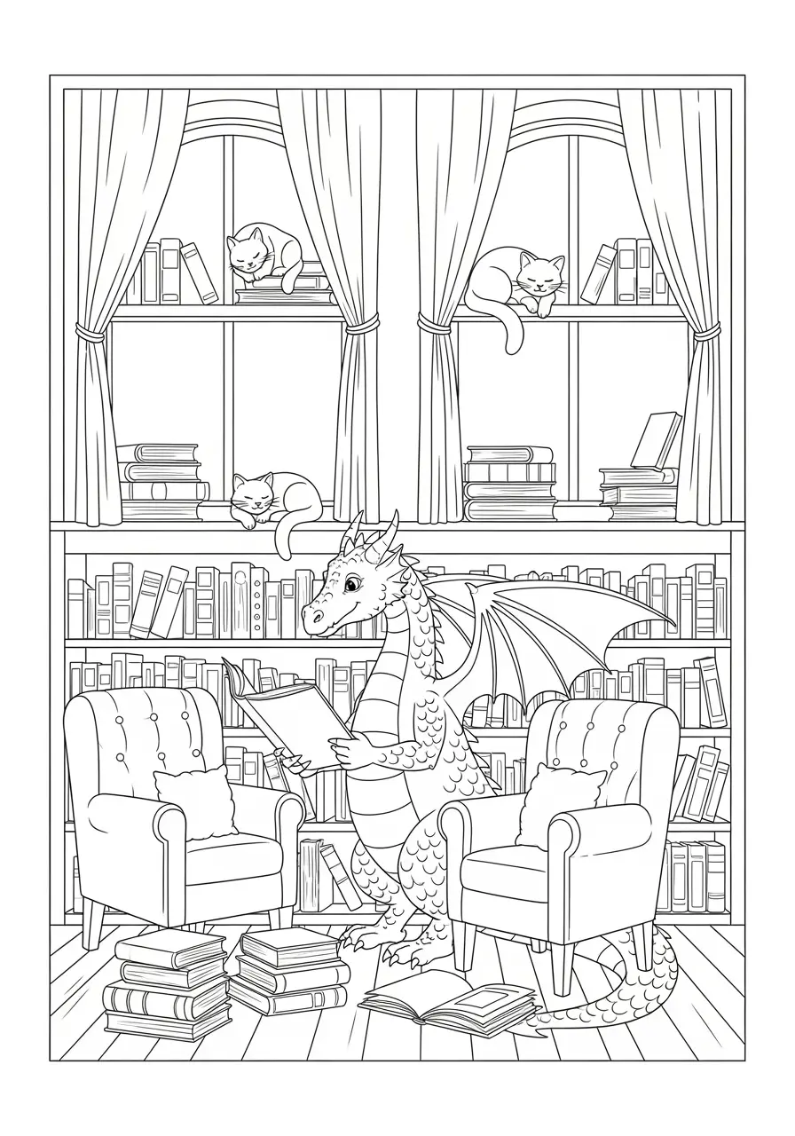 Bookstore Dragon Coloring Page for Adults