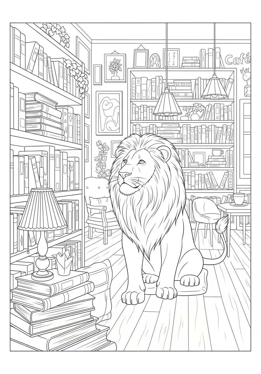 Bookstore Lion Coloring Page for Adults