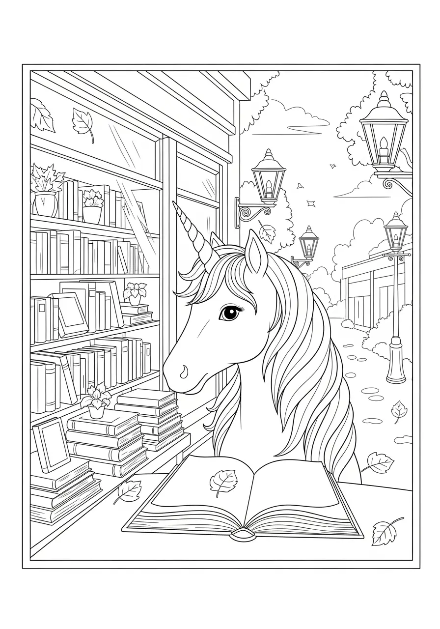 Bookstore Window Unicorn Coloring Page