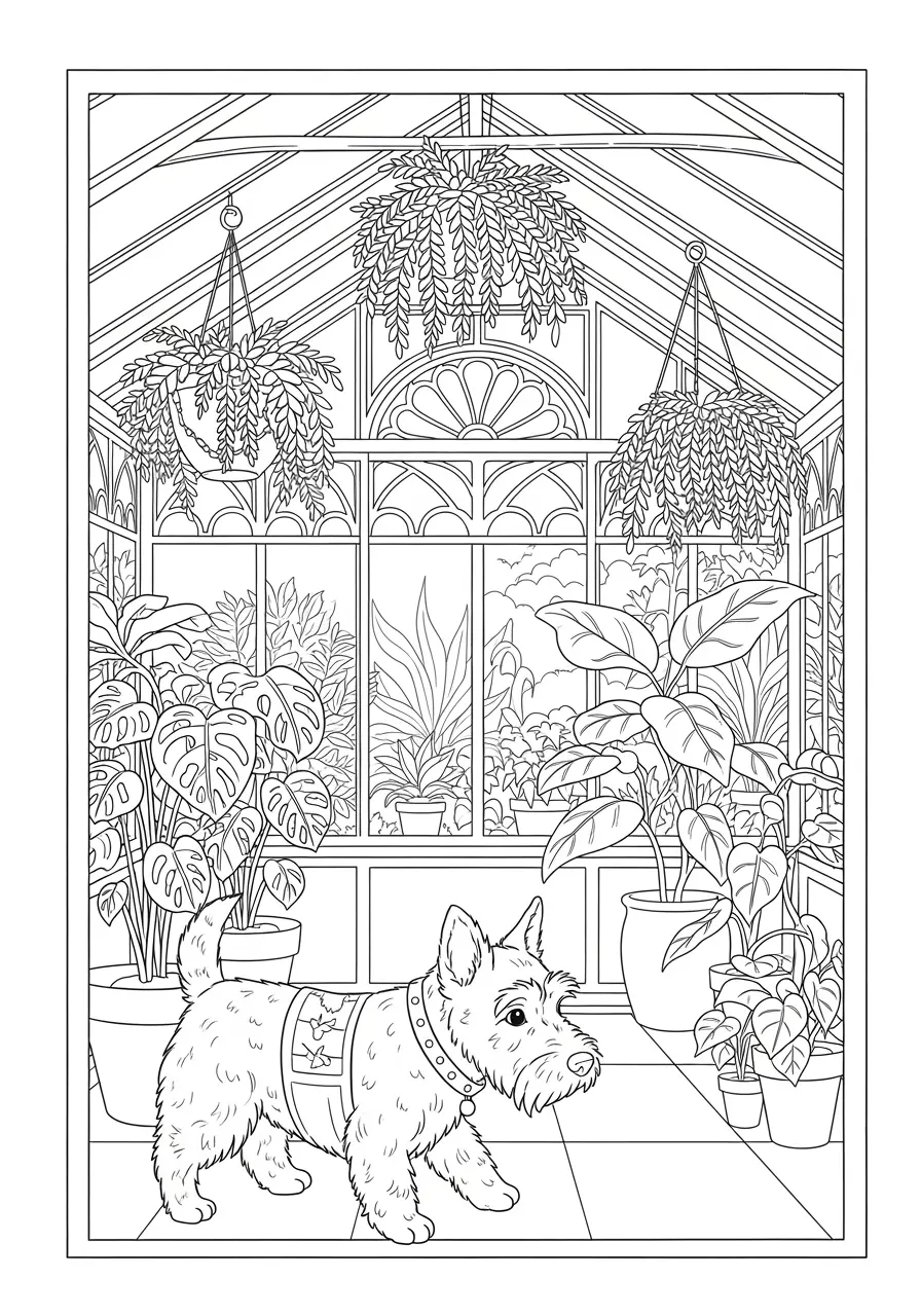 Botanical Greenhouse Dog Coloring Page Adults