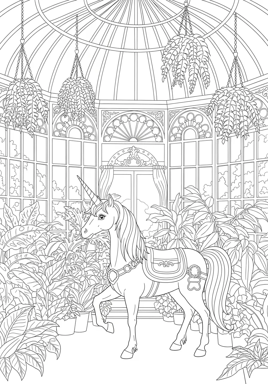 Botanical Greenhouse Unicorn Coloring Page