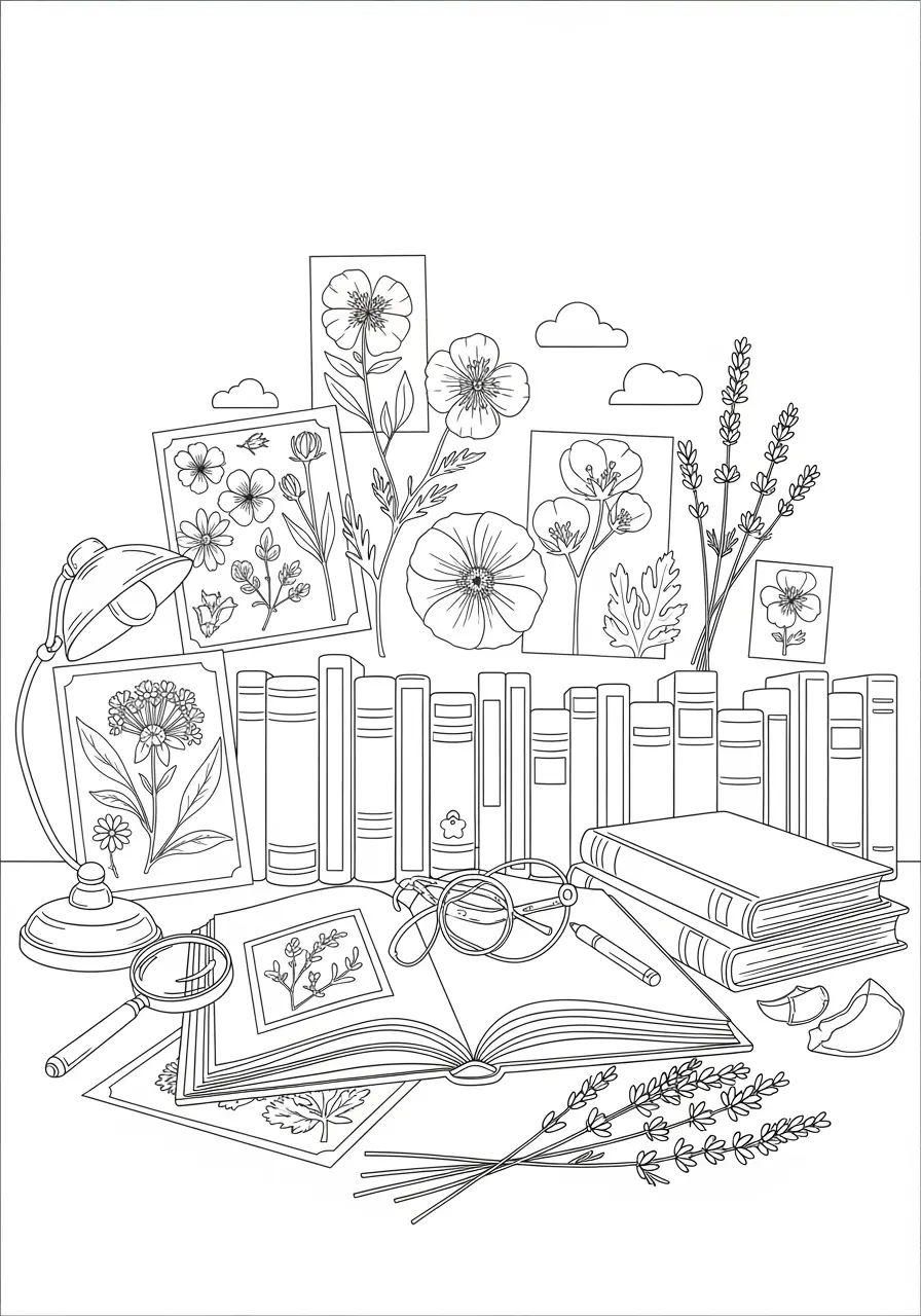 Botanische Bibliotheks-Blumen-Ausmalbild