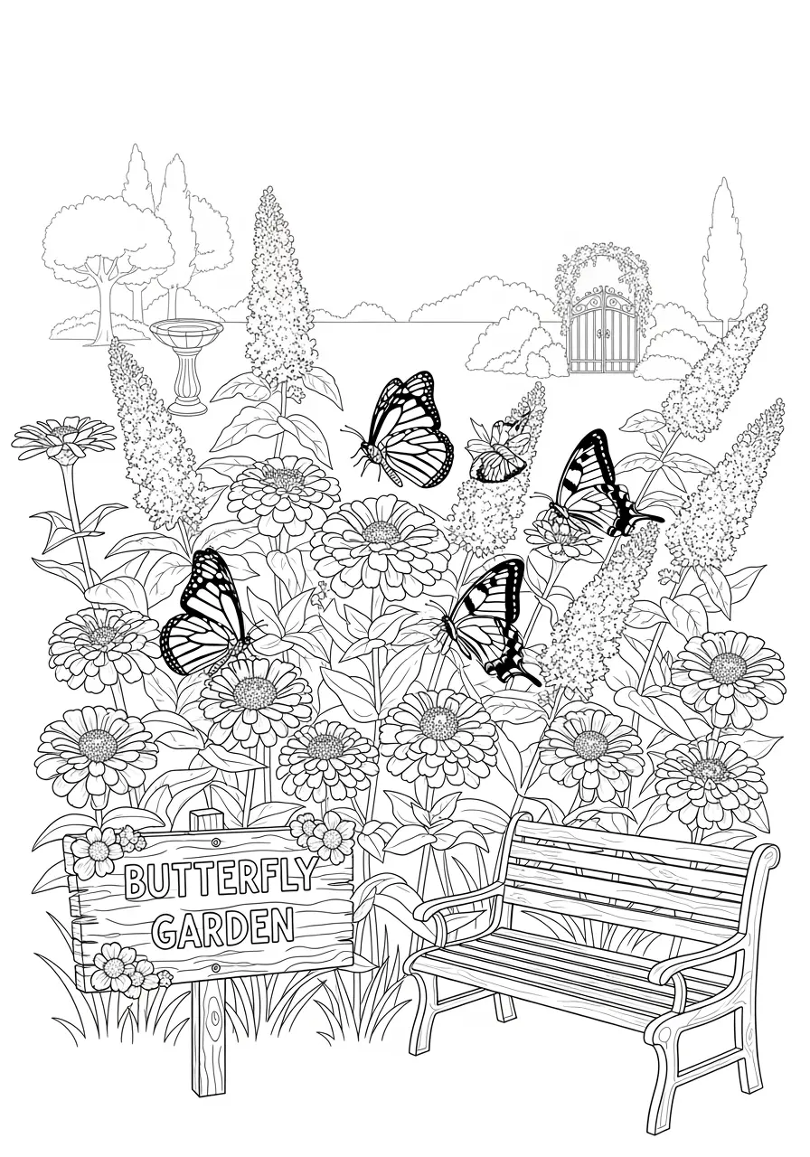 Butterfly Garden Flower Coloring Page
