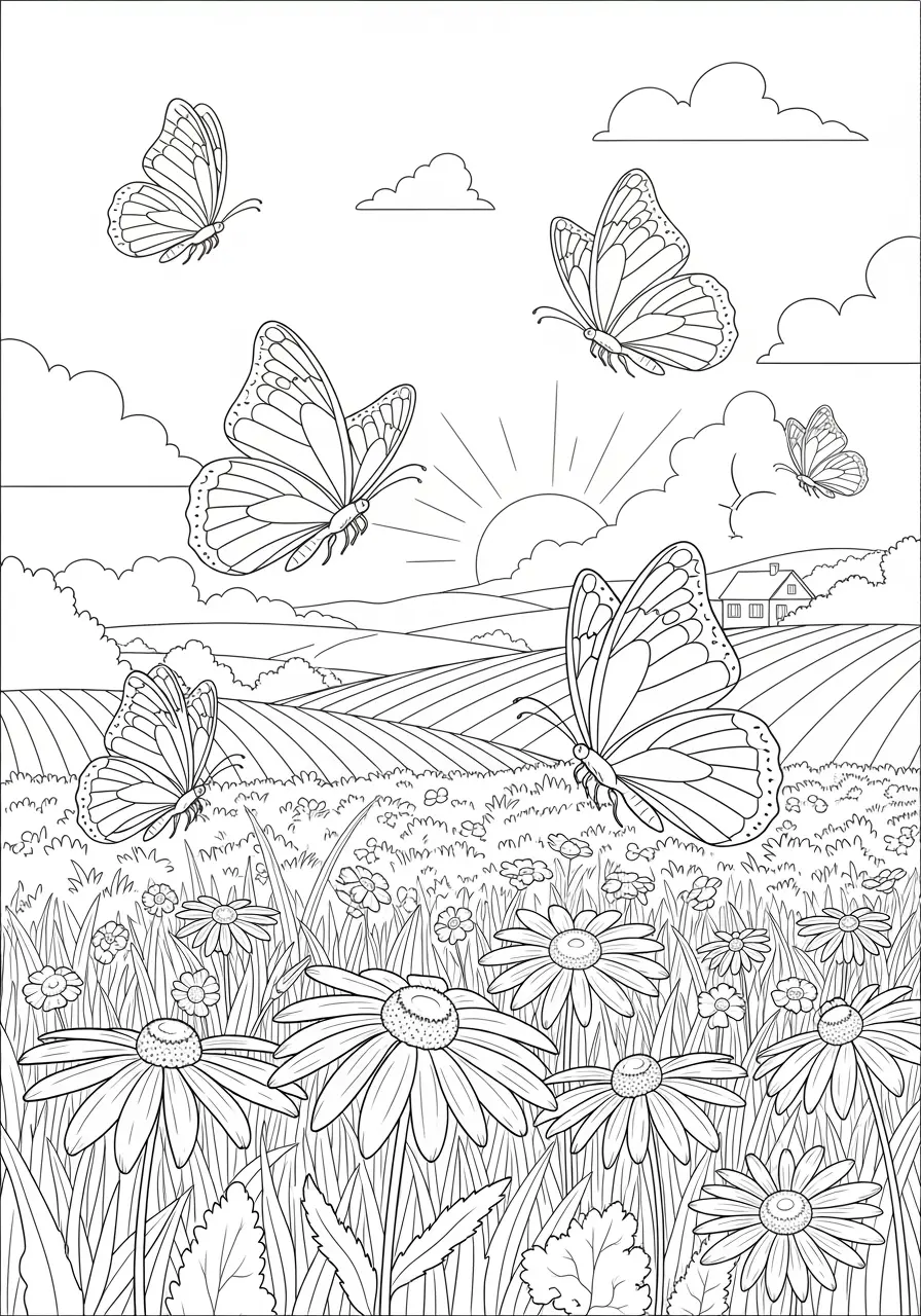 Butterfly Meadow Sunrise Coloring Page