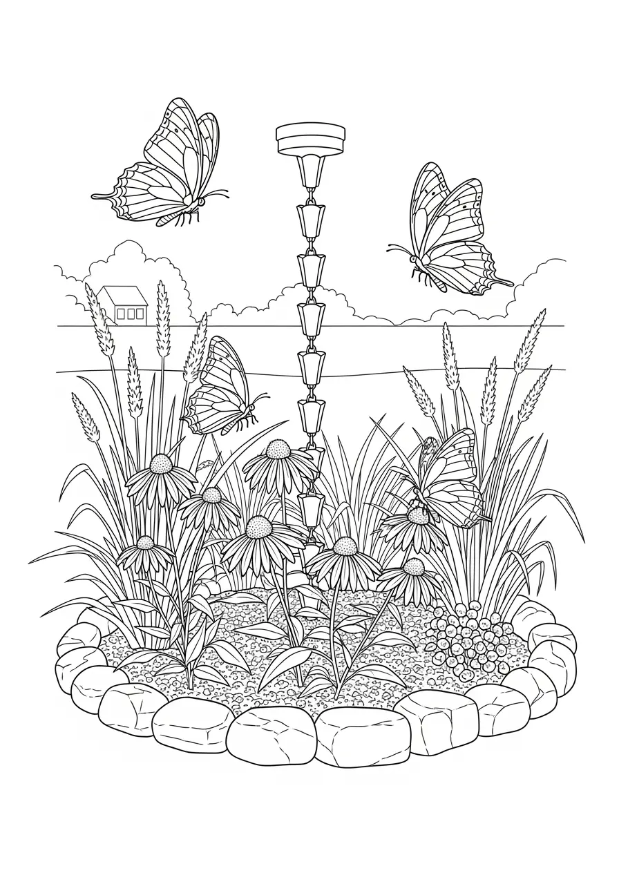 Butterfly Rain Garden Coloring Page