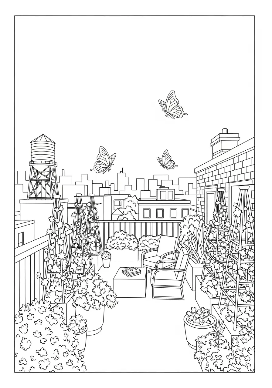 Butterfly Rooftop Garden Coloring Page