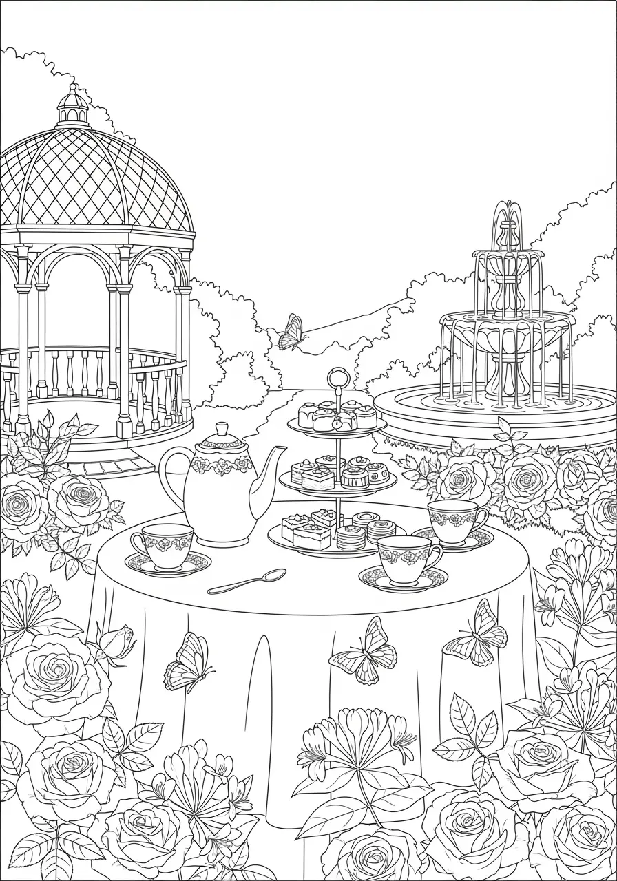 Butterfly Tea Garden Coloring Page