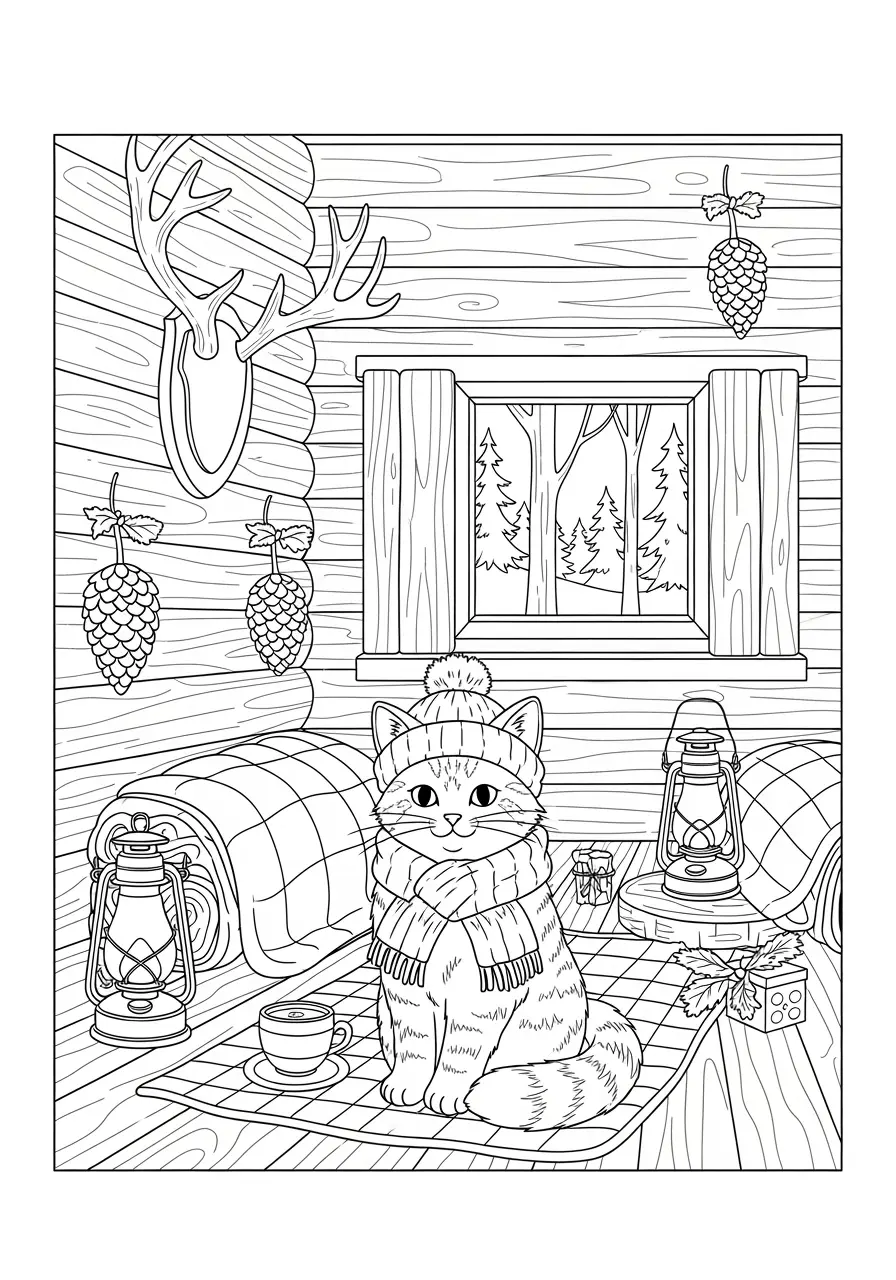Cabin Retreat Cat Coloring Page For Adults