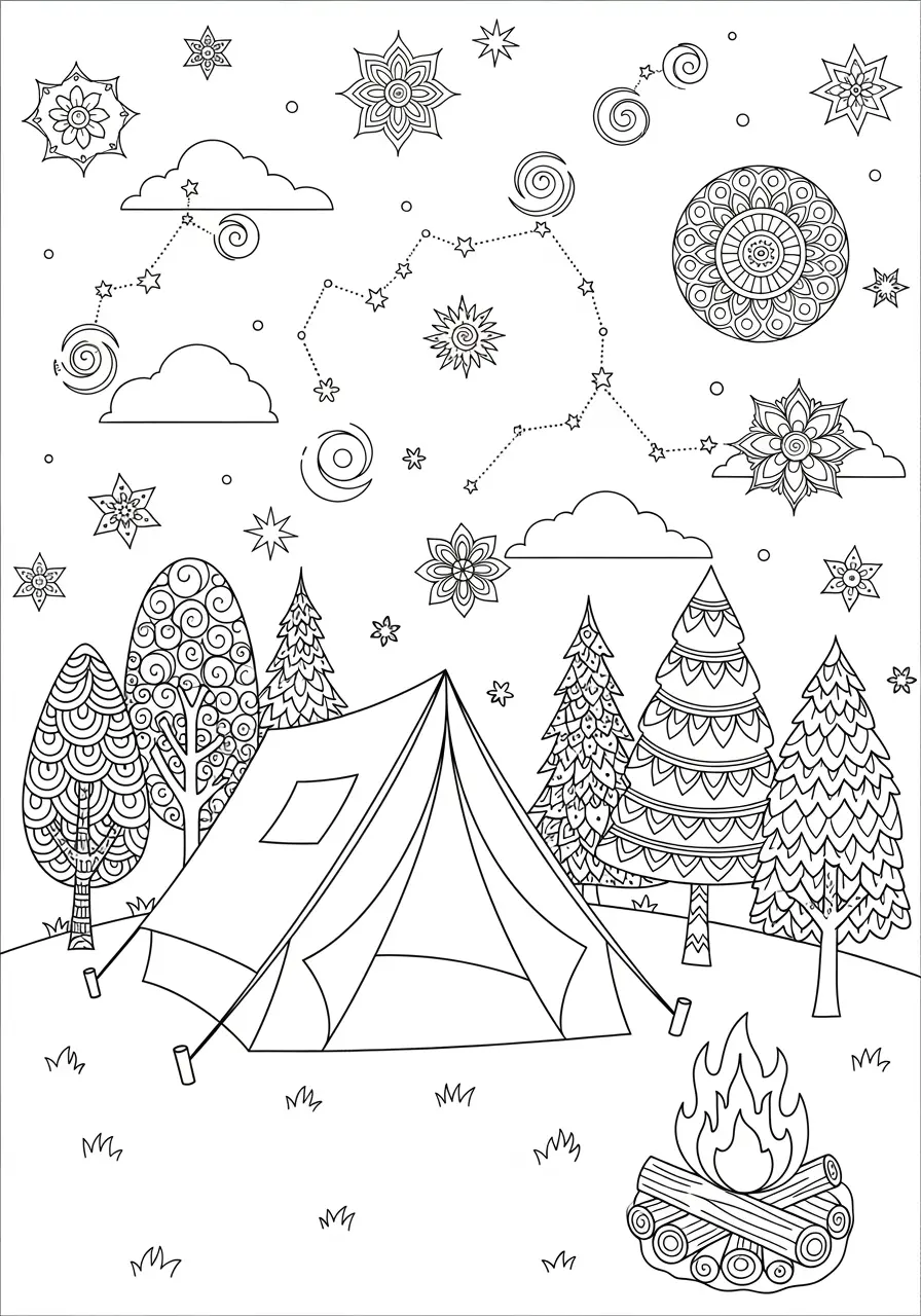 Camping Under Stars Doodle Coloring Page