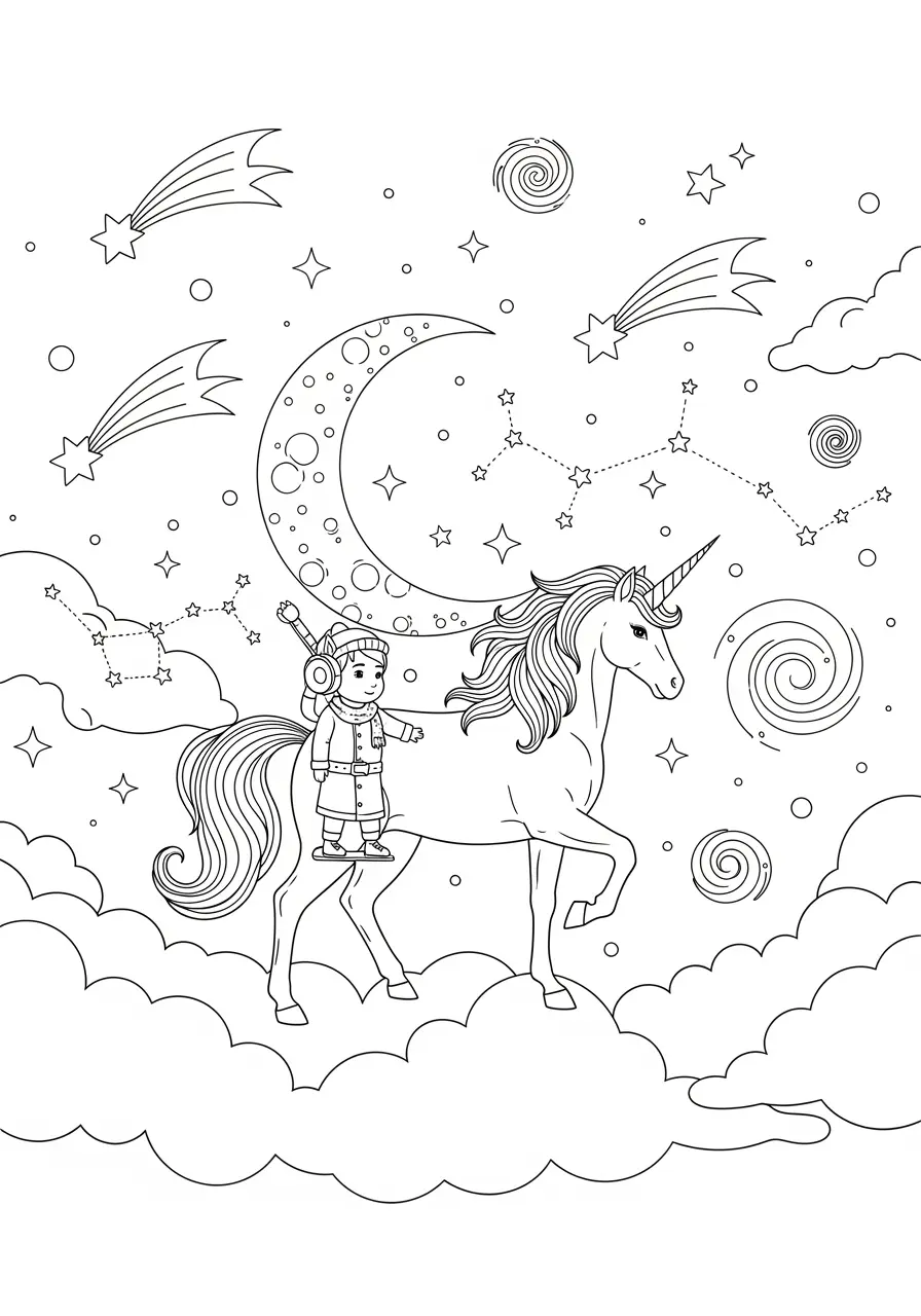 Celestial Dreams Unicorn Coloring Page
