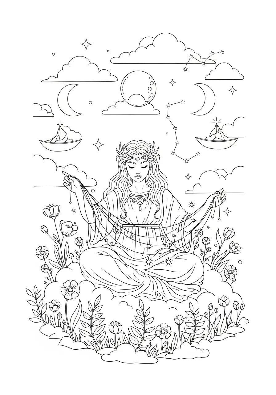 Celestial Goddess Fantasy Coloring Page